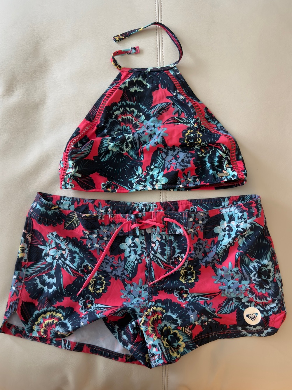 Roxy Pink & Navy Floral Halter Bikini short Set